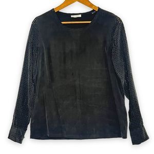 Equipment Femme‎ Black Silk Round Neck Cutout Detail Sleeve Blouse Size 6